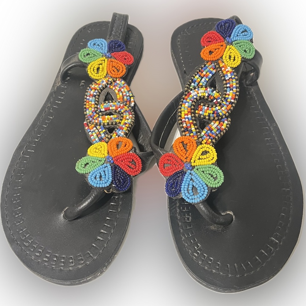 Rare Handmade Leather flip flops. Seed bead detailing. Floral & colorful art